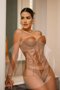 Dubai escort Paloma wearing a leather brown corset and thong